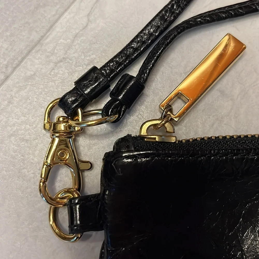 Tory Burch Wristlet wallet Black genuine crinkled leather  Gold tone accents EUC